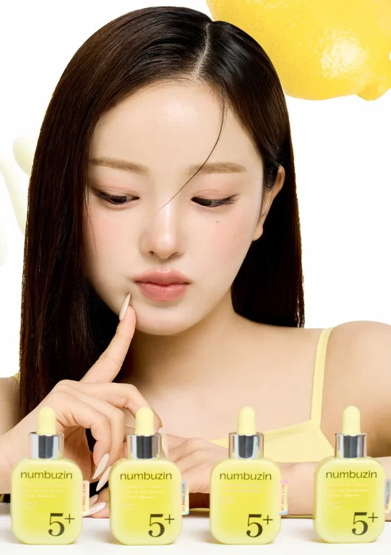 Model observing Numbuzin No.5 Glutathione Tone Up Sun Serum