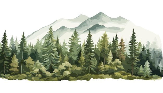 Watercolor line-up of pine trees in front of a blue-grey mountain range