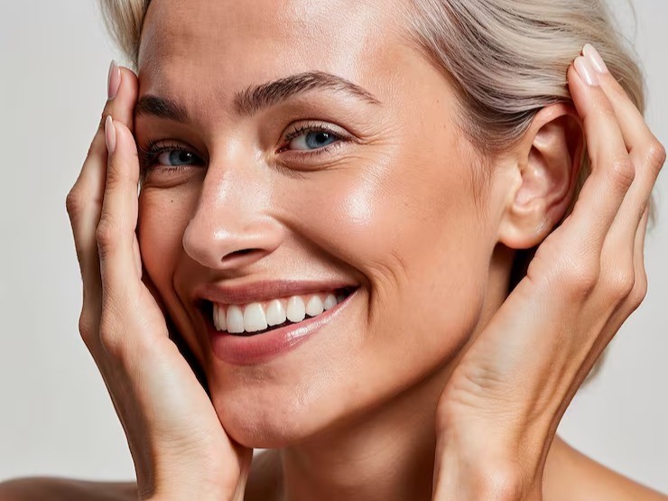 Model smiling at camera with bright, glowy skin