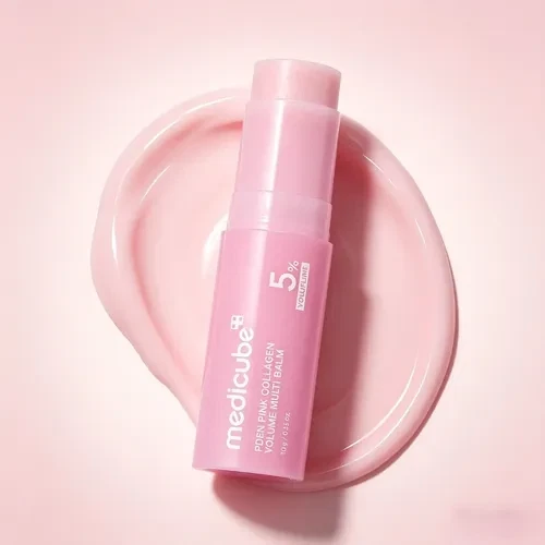 Medicube PDRN Pink Collagen Volume Multi Balm resting on a circle of sherbety, pink balm