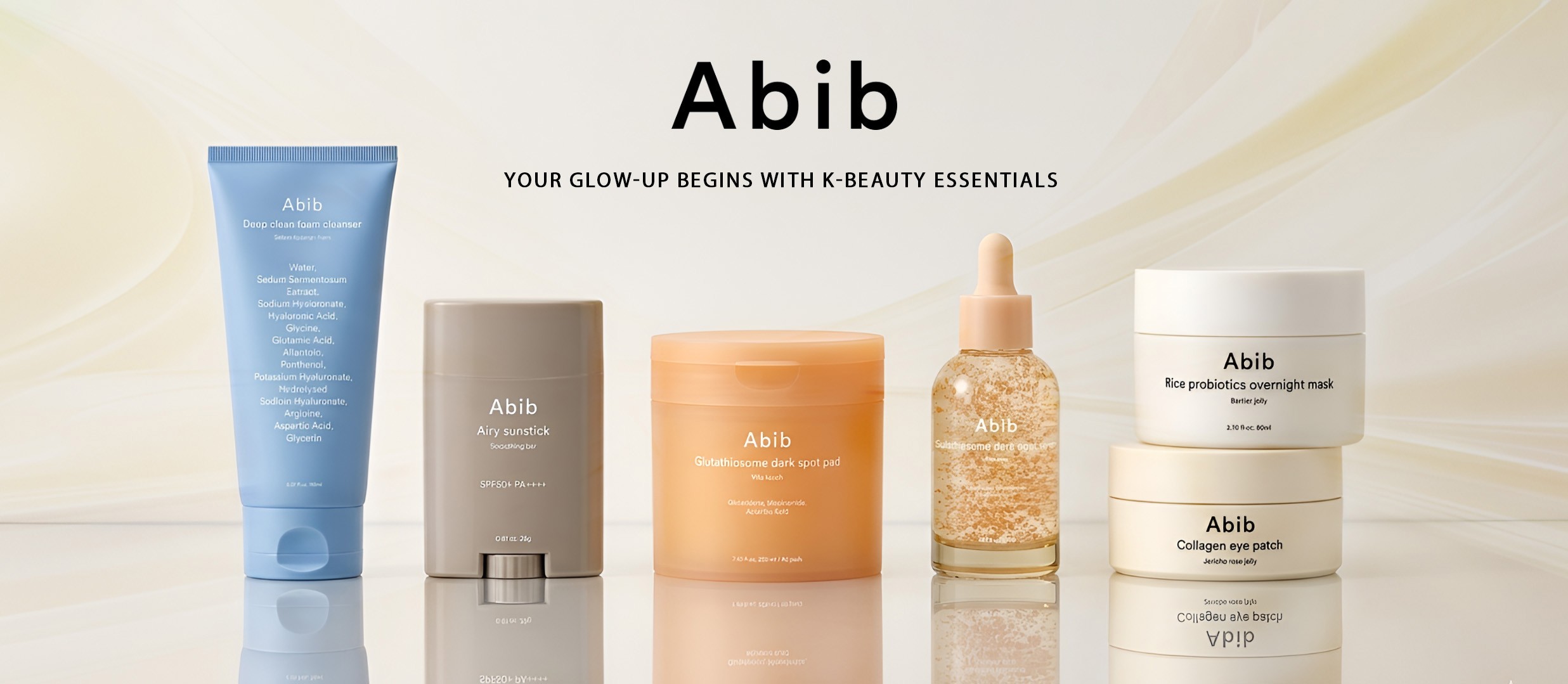 Abib Skincare Range with model and new products