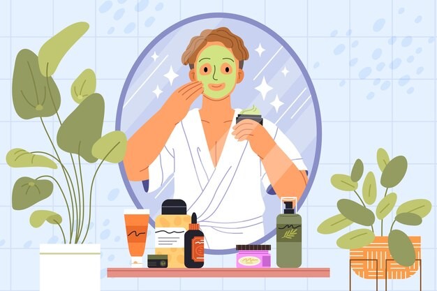 Young gentleman looking in the mirror, doing a green face mask and smiling