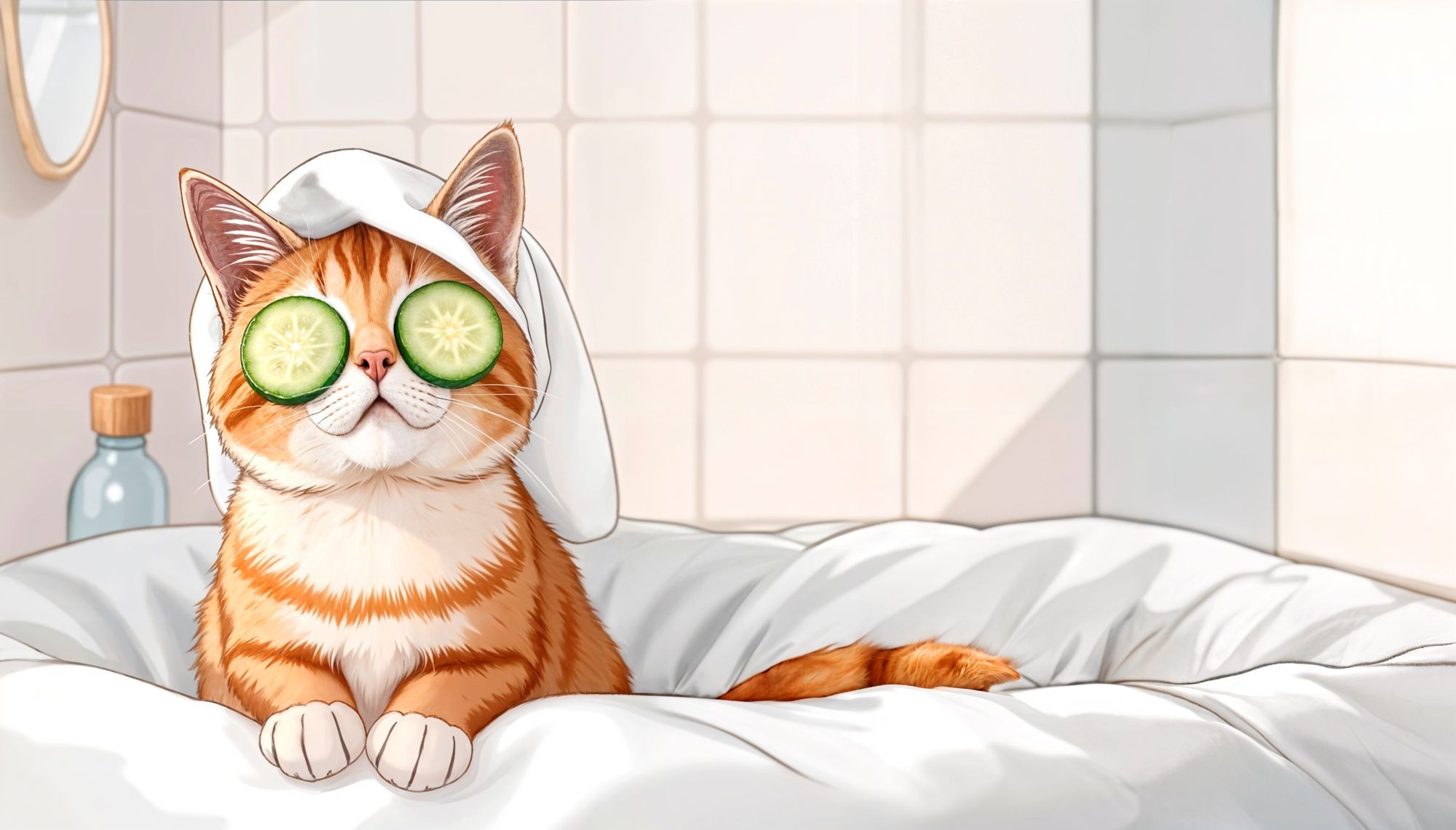 Orange cat sitting in a basket, with cucumbers over its eyes and a towel on its head