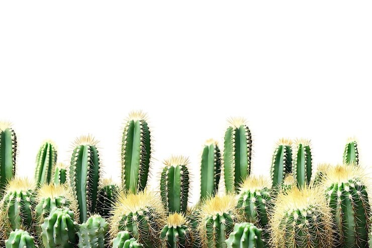 Variety of spiny desert cactus on white background