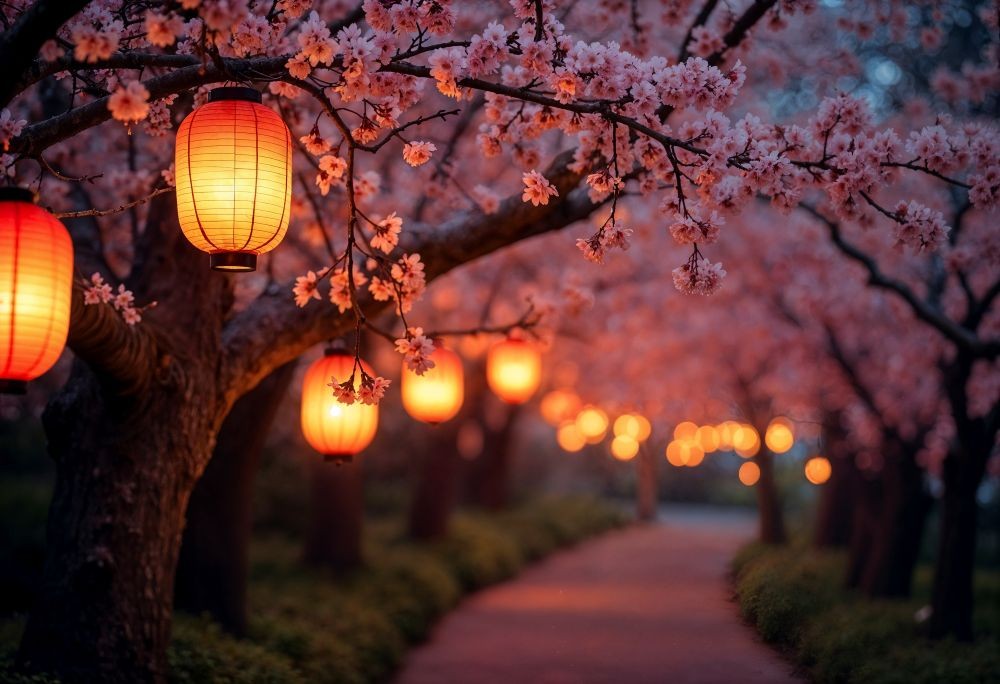Cherry Blossoms lit by warm springtime lanterns at twilight