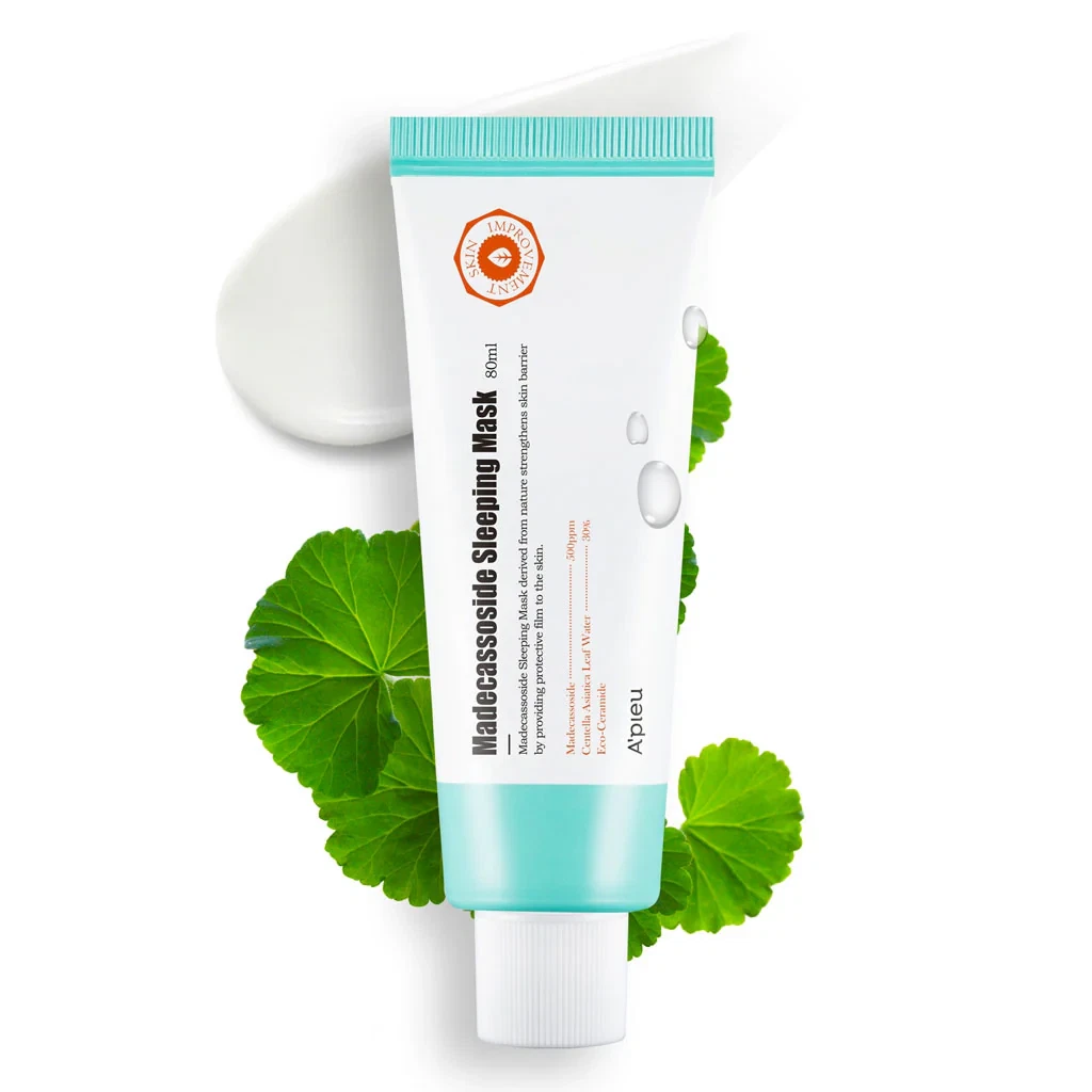 Apieu Madecassoside Sleeping mask on background of centella leaves and dew drops