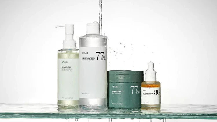 Heartleaf skincare range covered with water