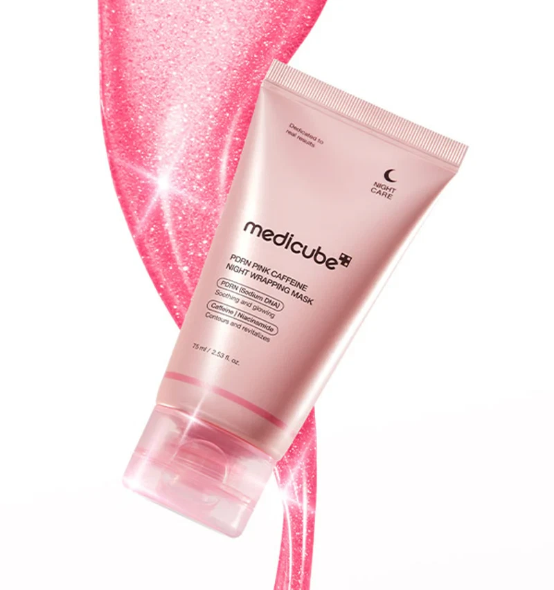 Medicube PDRN Caffeine Night Wrapping Mask in a swirl of hot-pink, glittery goo