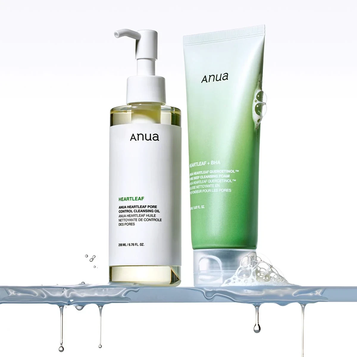 Anua double cleansing routine (cleansing oil and quercetinol cleanser) coated in light soap bubbles