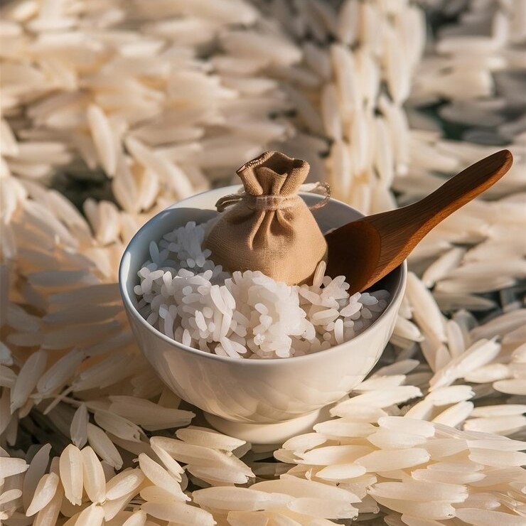 rice sitting in pouch in larger bowl of rice with wooden spoon