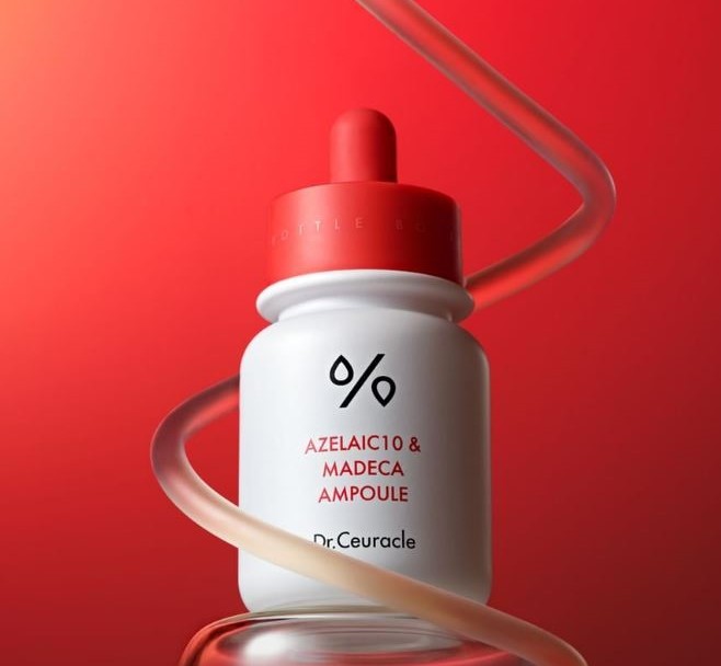 Dr Ceuracle Azelaic 10 & Madeca Ampoule with glass spiral in red background