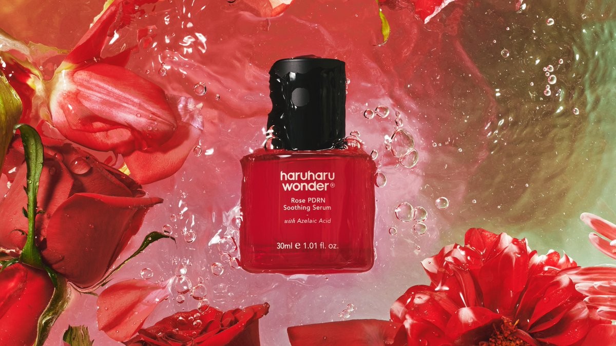 Haruharu Wonder Rose PDRN Soothing Serum sitting in a stream of water