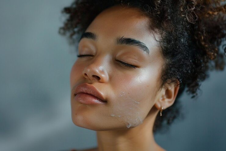 Model applying gel moisturizer with updo