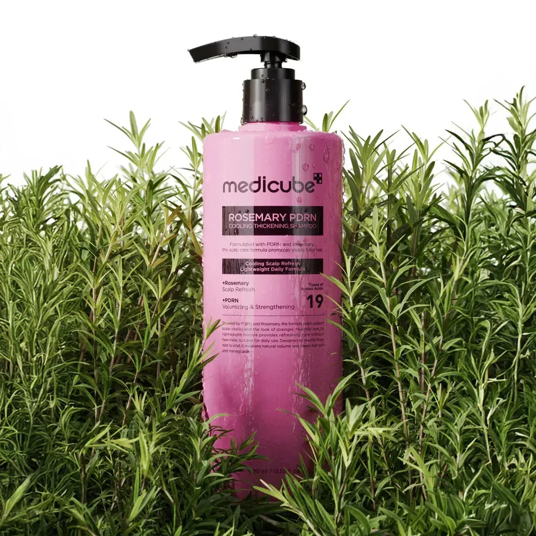 Medicube Rosemary PDRN Cooling Shampoo resting in a bush of rosemary