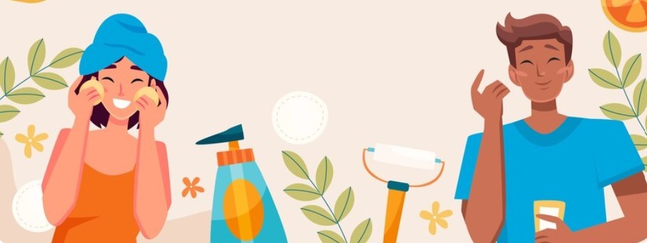 Cartoon man and woman holding different cleansing devices - foam, face roller, exfoliant, lemons