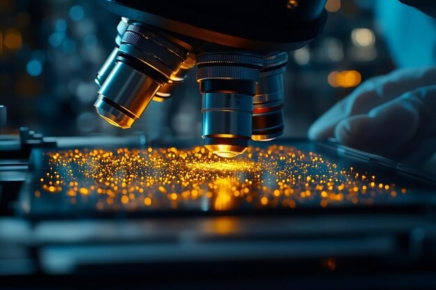 Golden specks glowing under a microscope slide
