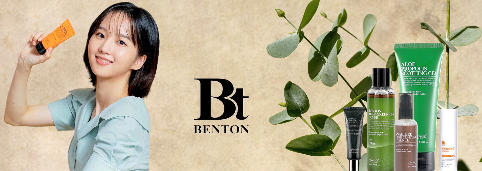 Benton Skincare Range with Smiling Model