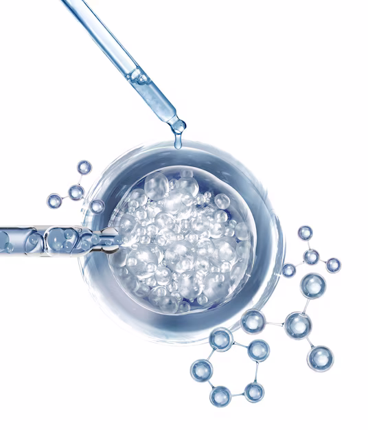 Top of serum bottle showing blue molecules around it