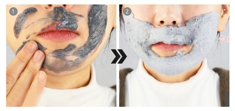 Before and after of bubbly clay mask that foams up with use