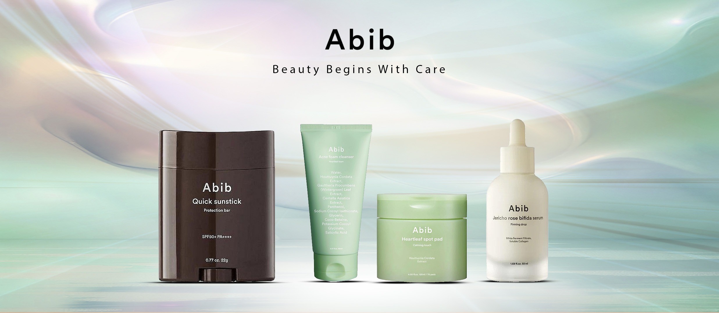 Abib Skincare Range with model and new products