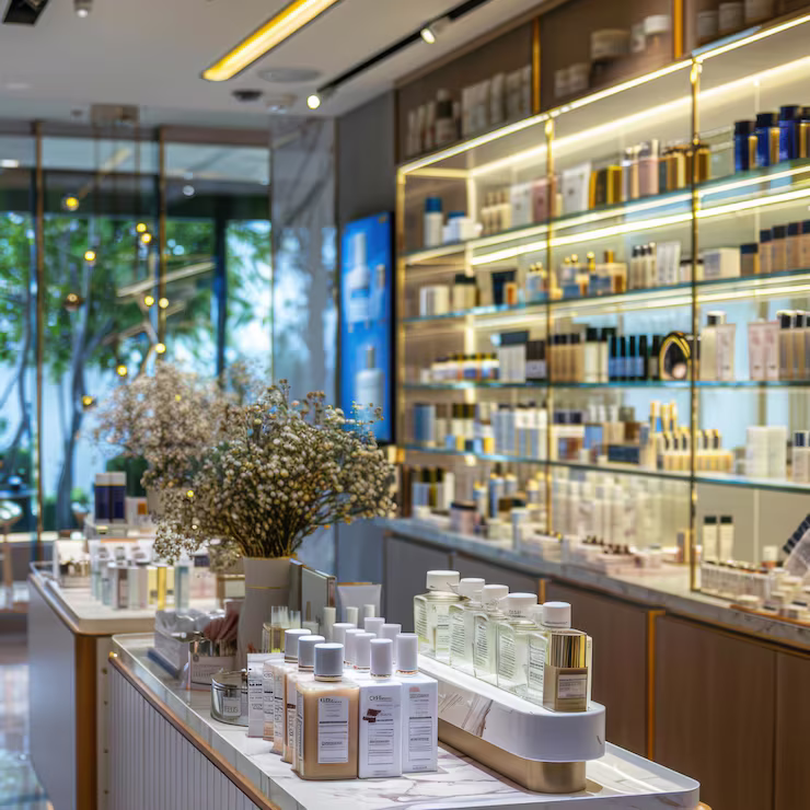 Array of skincare products arranged in a well-lit shop