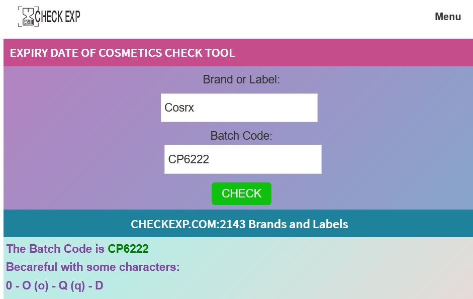 CheckExp.com screencap showing batch 'does not exist' on record - proving fake Cosrx product.