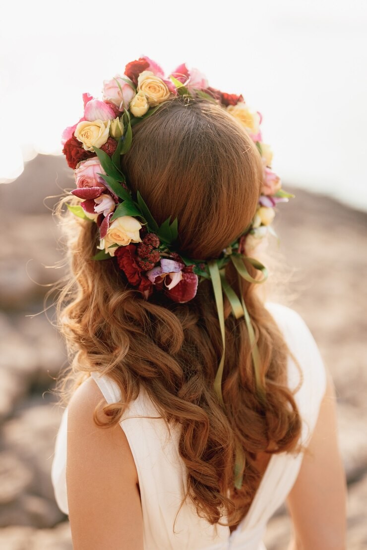 Young woman dressed in white, facing away from camera with vibrant flower crown of roses