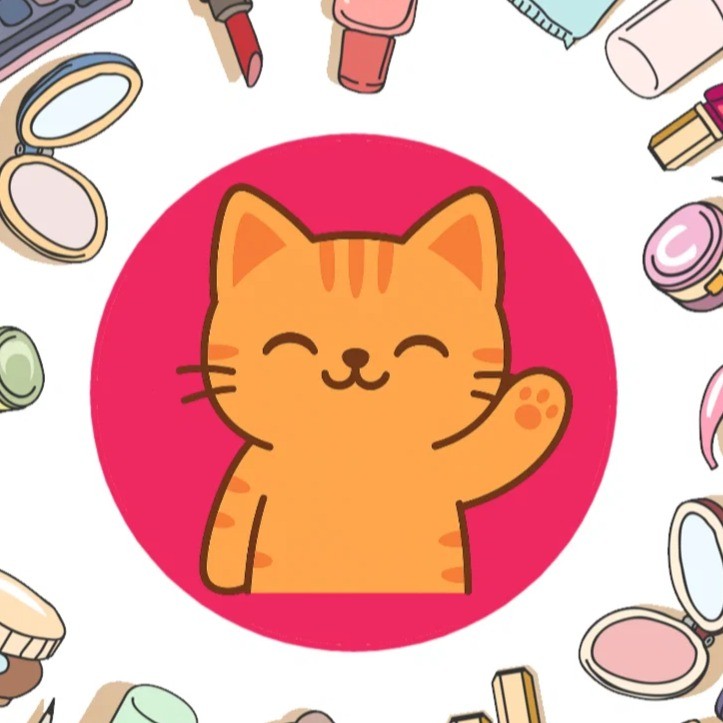 Pogi in his pink icon, surrounded by cartoon skincare products