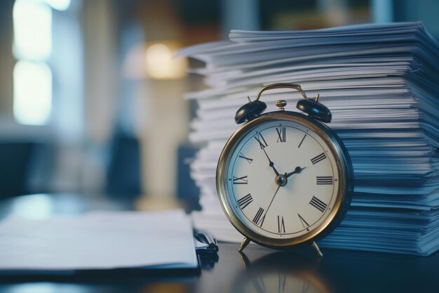 Traditional alarm clock sitting on a desk with papers