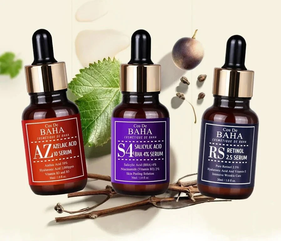 Line up of Cos De Baha Skincare Serums