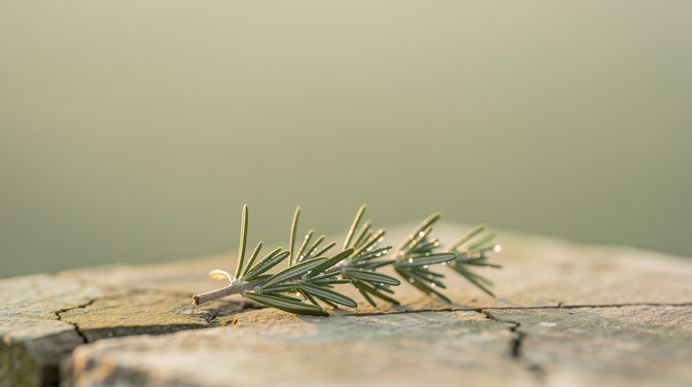 Fresh sprig of rosemary resting on granite