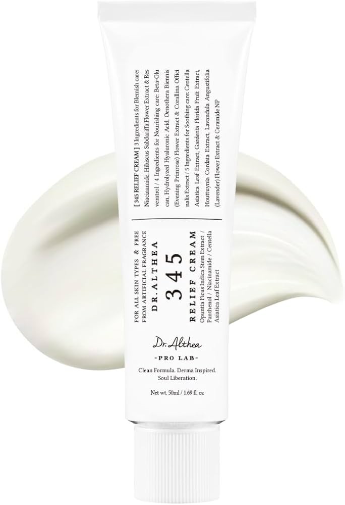 Dr Althea 345 Barrier relief cream standing upright with a streak of moisturizer behind it.