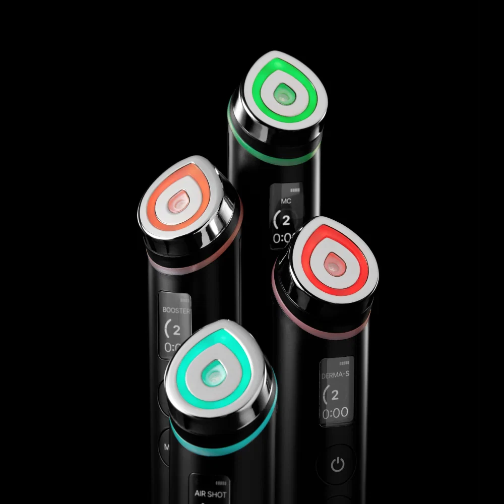 Medicube AGE-R Booster Pro devices in a cluster showing the different LED colours