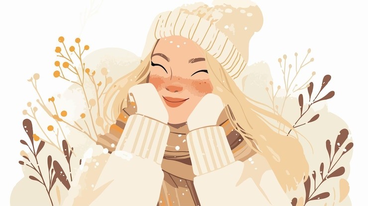 Cartoon of happy winter woman dressed in white beanie holding her face