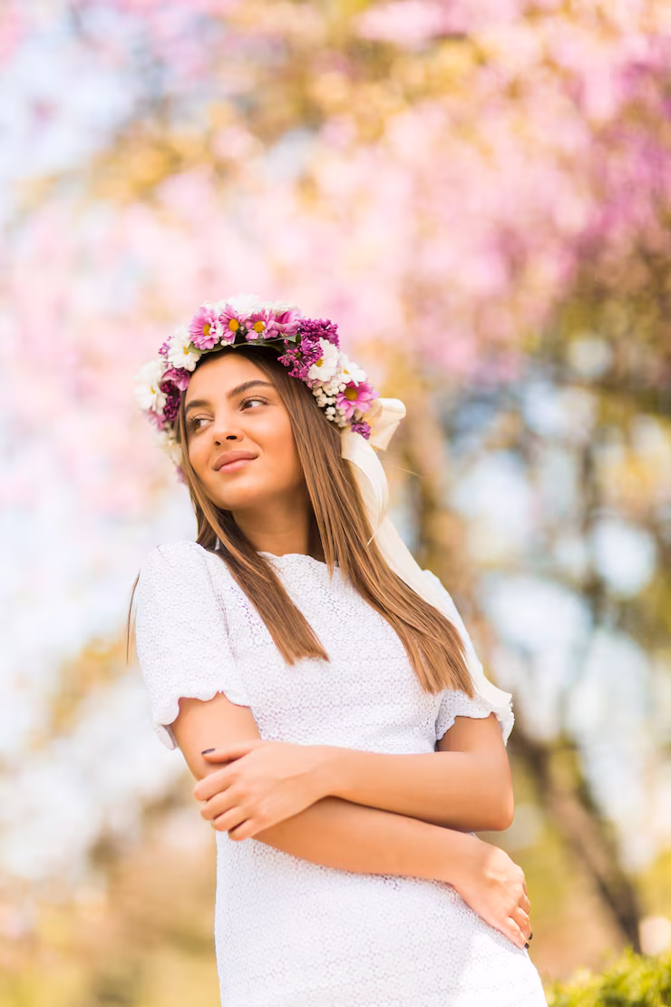 Woman with flower crown and white dress standing in sunny garden