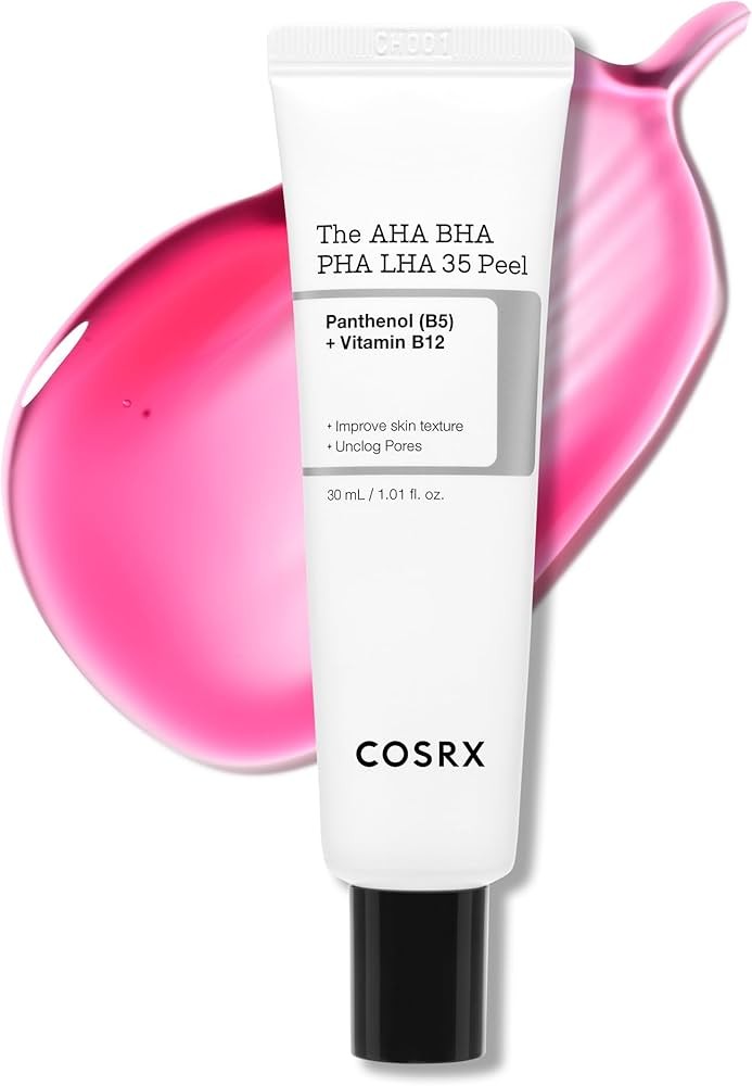 The Cosrx AHA BHA PHA LHA 35 Peel on a white background with a splash of pink peel liquid