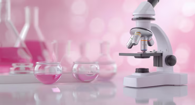 Microscope set-up with pink, neon containers
