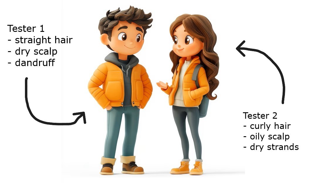 Two testers for product review; one man with dandruff and one woman with curly hair
