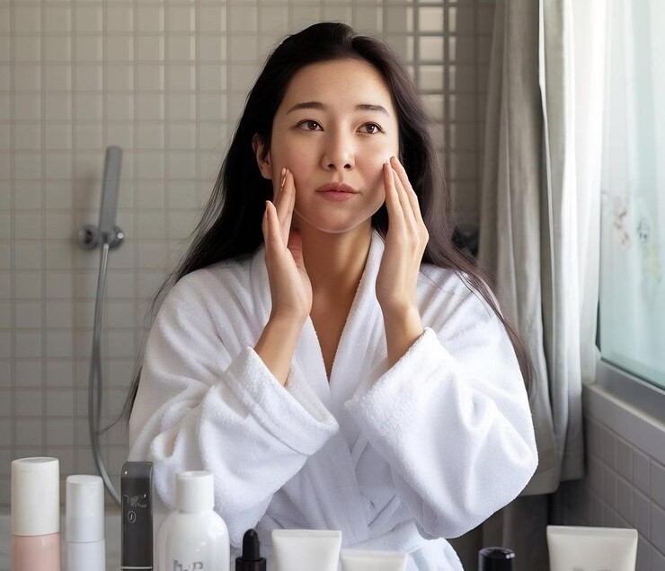 Korean woman wearing white bathrobe, lightly touching her face whilst looking in bathroom mirror.