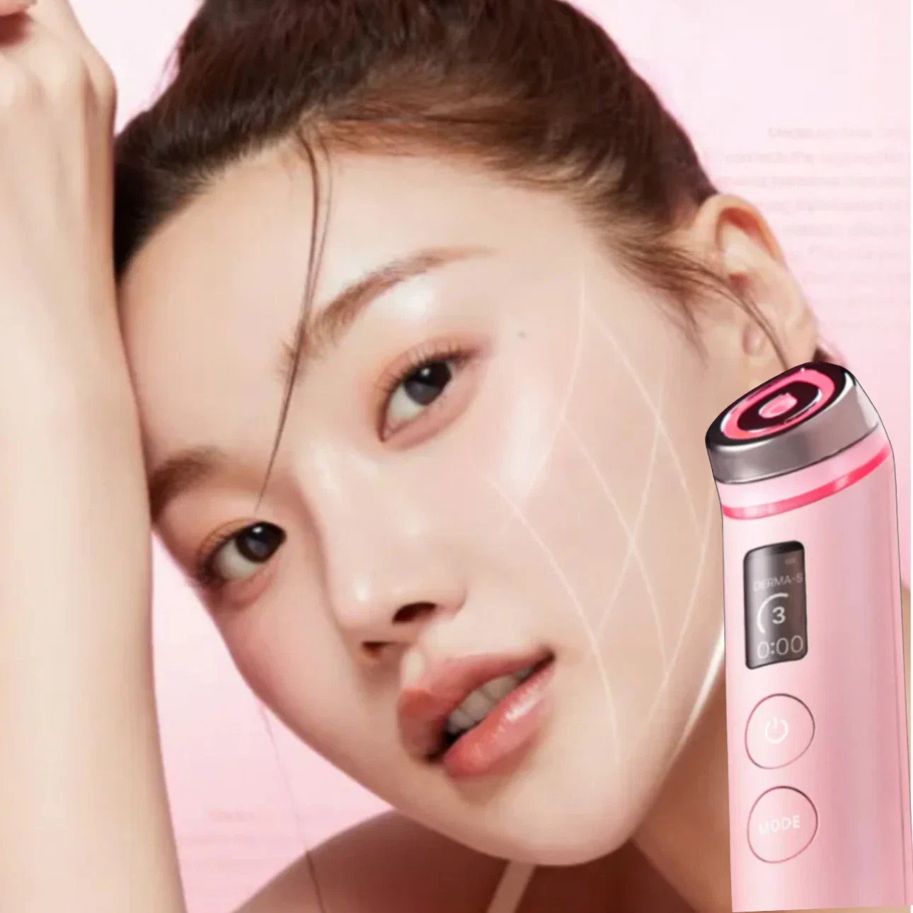 Medicube AGE-R Booster pro skincare device pink with a background of a Korean model indicating area of effect.