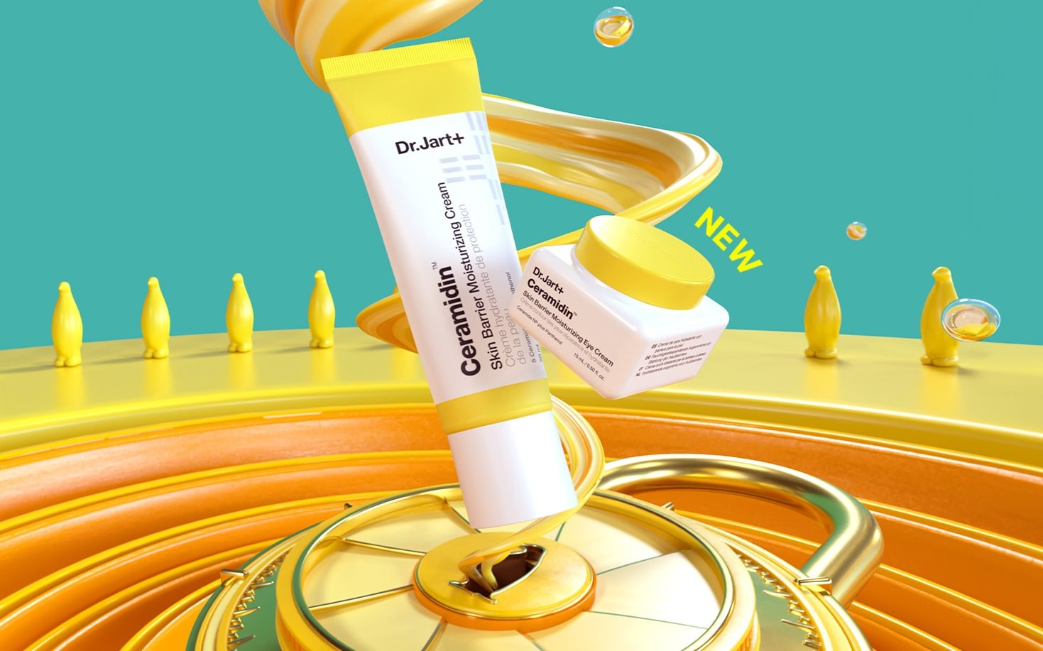 Dr Jart+ Famous Ceramidin Products in a whirling computer rendered background