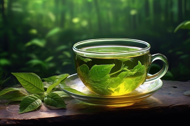 Clear glass tea cup with green tea leaves steeping in a forest