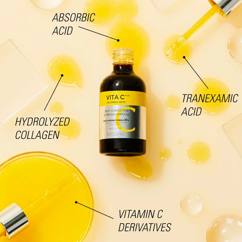 Missha Vita C Plus Spot Correcting & Firming Ampoule surrounded by droplets of golden seru, mapping out ingredients
