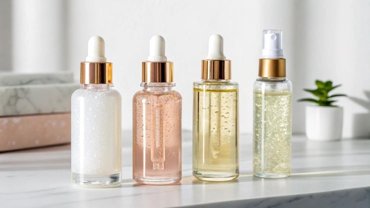 Skincare serums of various shades lined on a bathroom countertop