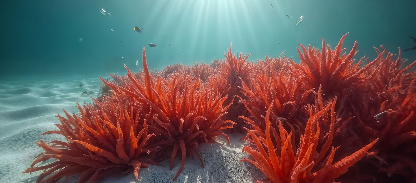 Red algae on the ocean floor with sunlight and silver fish around it