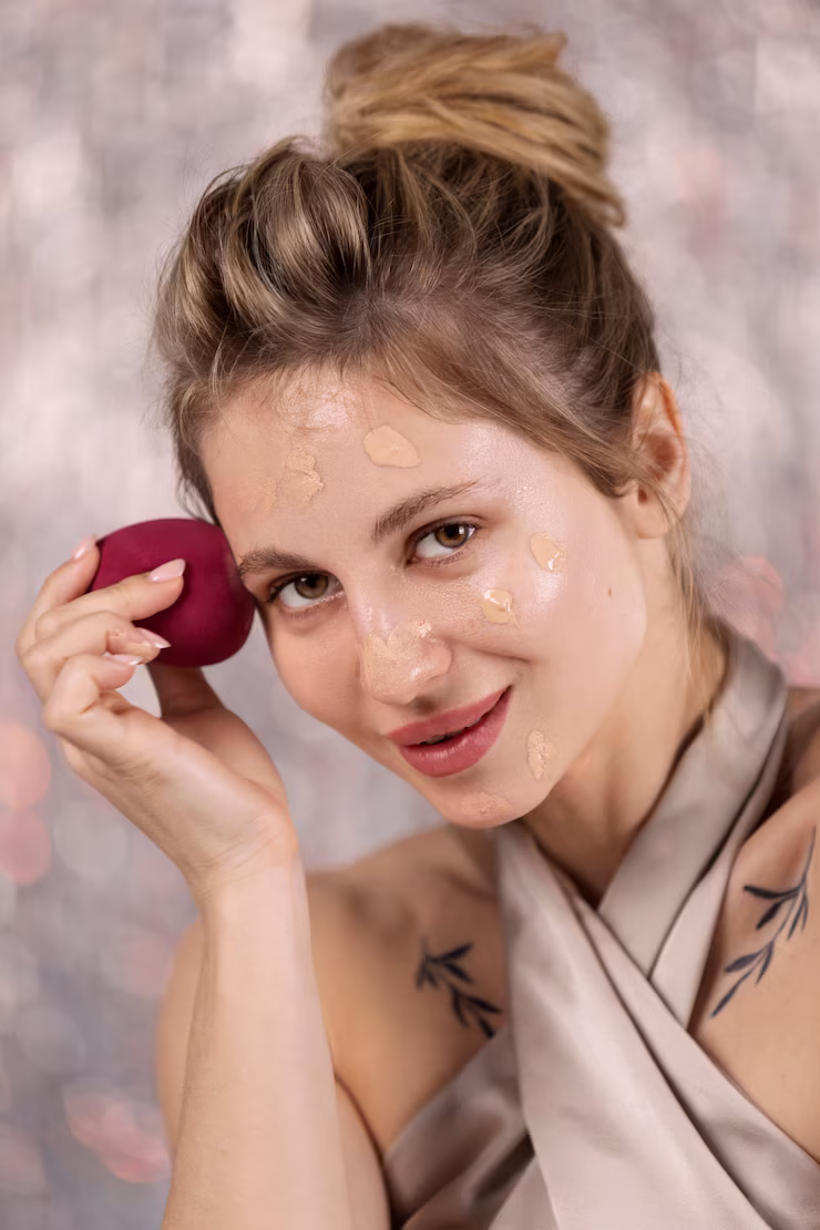 Woman posing with foundation blobs around face and application sponge pressed to left temple