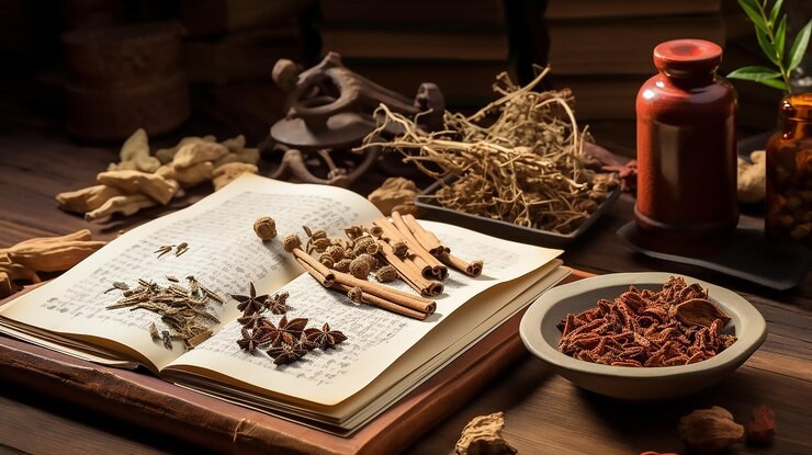 Traditional Chinese medicine materials on a table - with dried spices and herbs sitting on an open book.