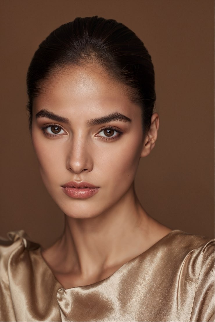 Young woman in neutral, bronze make-up staring down the camera