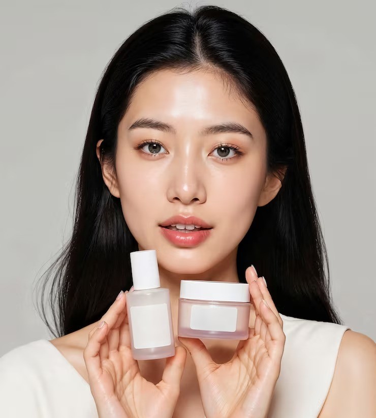 Korean skincare model holding a serum and a face cream in her hands, posing for the camera