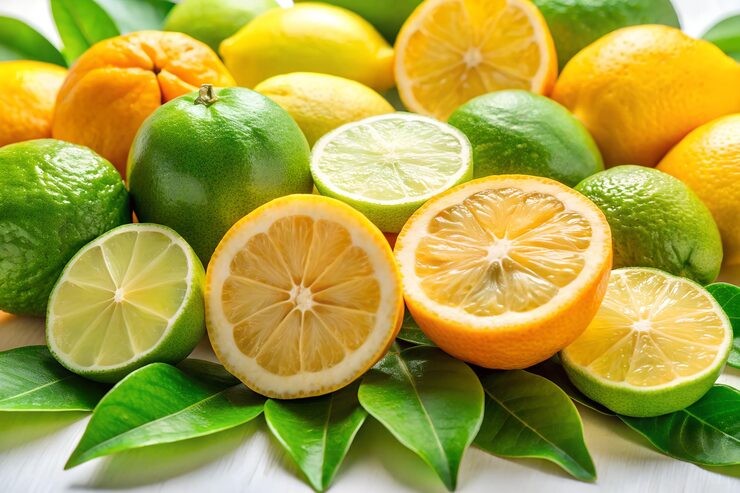 Cut segments of various lemons and limes in a pile